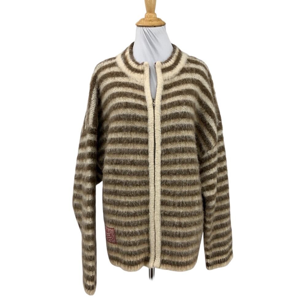 Canary Sweater Women L Large Wool Blend Striped Ring Neck Full Zip Drop Shoulder